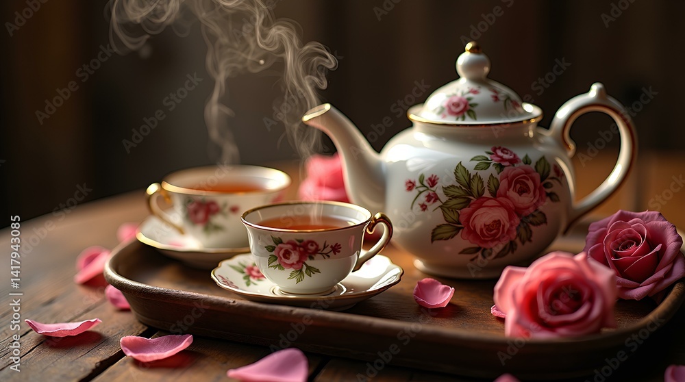 Fototapeta premium Love. Heart. A delicate, antique teapot with ornate floral patterns and a curved spout pours steaming hot tea into two dainty, rose-petal-rimmed cups on a worn, dark wood vintage tray, surrounded by 