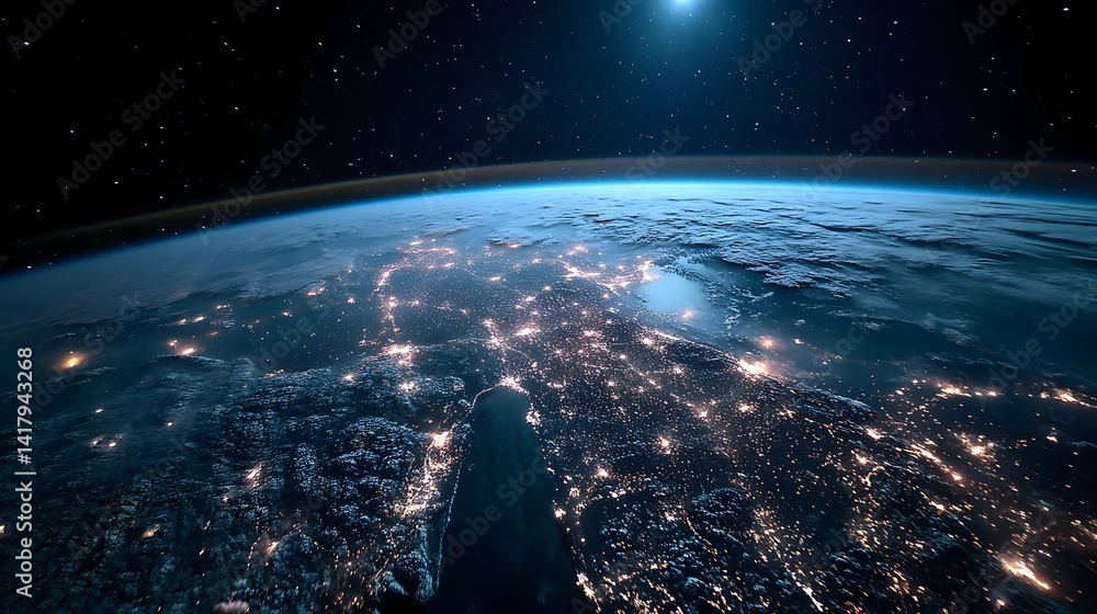 Obraz premium Breathtaking view of the earth s coastline at night with a tapestry of twinkling city lights visible from the vantage point of space