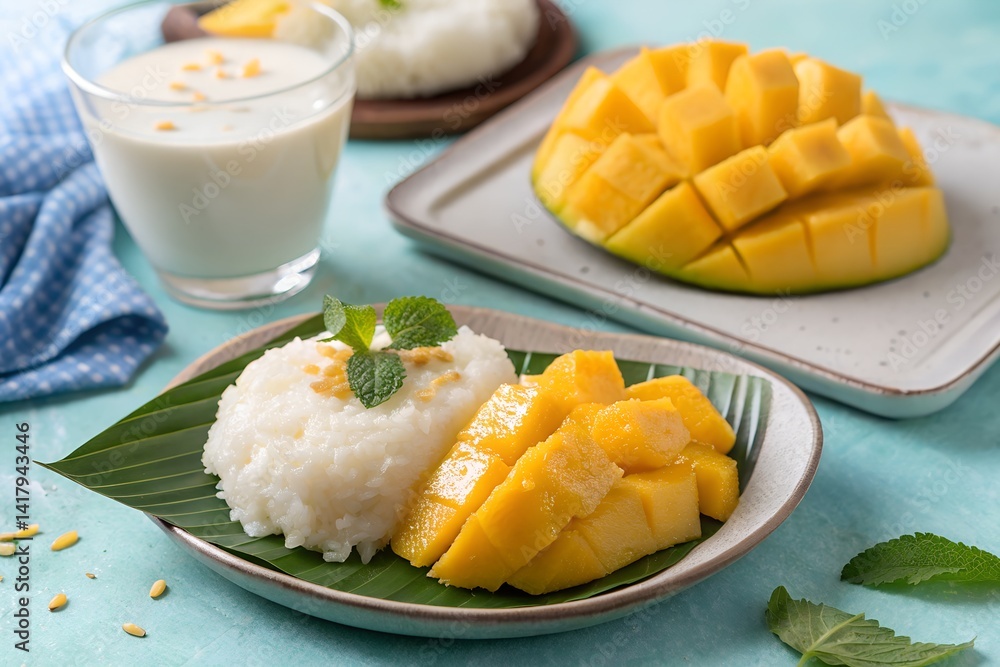 Mango sticky rice served with coconut milk in a small dish, soft pastel background Mango sticky rice served with coconut milk in a small dish, soft pastel background