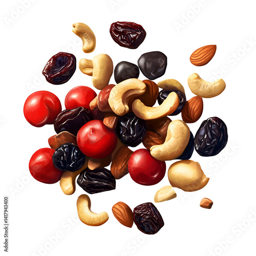 Assorted nuts and dried fruits mix, including almonds, cashews, walnuts, cranberries, blueberries, and blackberries, scattered on a transparent background Concept of healthy snack, nutrition, and food