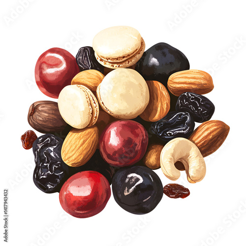 Assorted nuts and dried fruits mix, including almonds, cashews, walnuts, cranberries, blueberries, and blackberries, scattered on a transparent background Concept of healthy snack, nutrition, and food