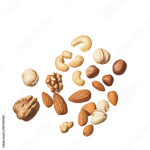 Assorted nuts and dried fruits mix, including almonds, cashews, walnuts, cranberries, blueberries, and blackberries, scattered on a transparent background Concept of healthy snack, nutrition, and food