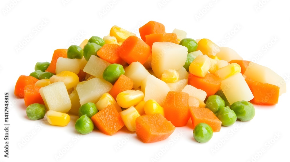 A vibrant pile of mixed vegetables, including carrots, peas, corn, and potatoes, is perfectly arranged against a stark white background. A vibrant pile of mixed vegetables, including carrots, peas, corn, and potatoes, is perfectly arranged against a stark white background.