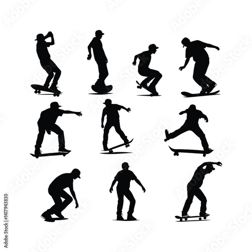 Silhouettes Set of Skateboard, Stunt
