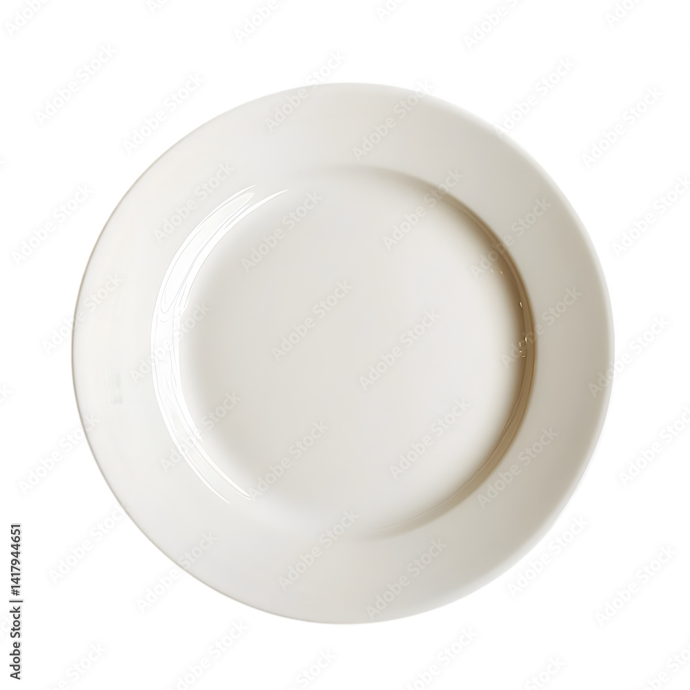 Minimalist White Porcelain Plate with Elegant Curved Edges and Subtle Reflections on a Transparent Isolated Surface Minimalist White Porcelain Plate with Elegant Curved Edges and Subtle Reflections on a Transparent Isolated Surface