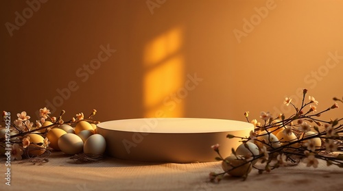 Empty round podium for product presentation with pastel easter eggs and blooming spring branches on beige background