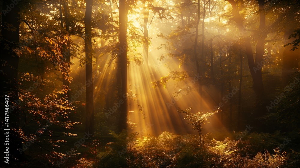 Fototapeta premium Sunlight filtering through trees creates a warm atmosphere in the forest