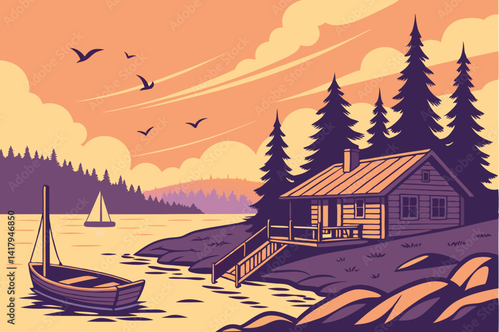 Fototapeta premium 75 Serene lakeside sunset, vibrant orange and purple sky, small wooden boat, calm reflective water, cozy log cabin, pine trees, wooden dock, rocky shore, sailboats in distance, birds flying, photoreal
