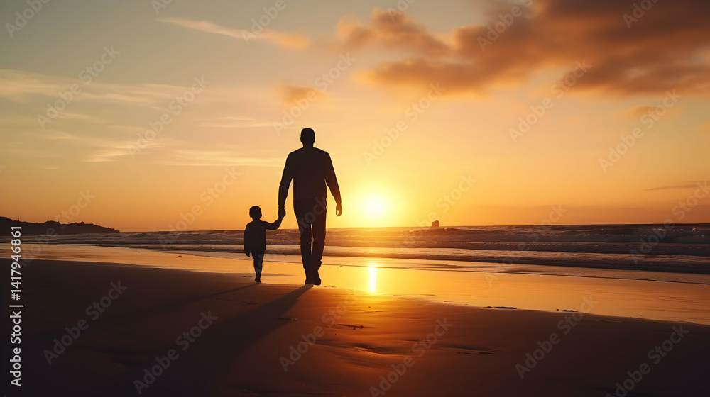Sunset silhouettes: Father and child sharing a seaside moment of togetherness Sunset silhouettes: Father and child sharing a seaside moment of togetherness