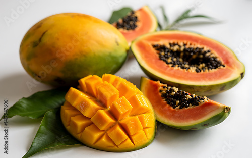Fresh mango and papaya with vibrant orange flesh, sliced and whole, on a white background.