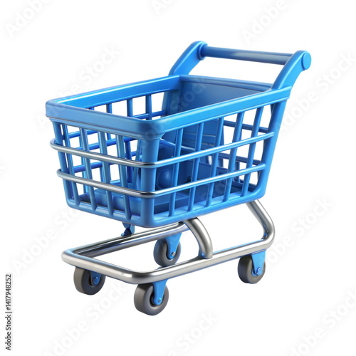 3d blue shopping cart icon isolated on transparent background. Png