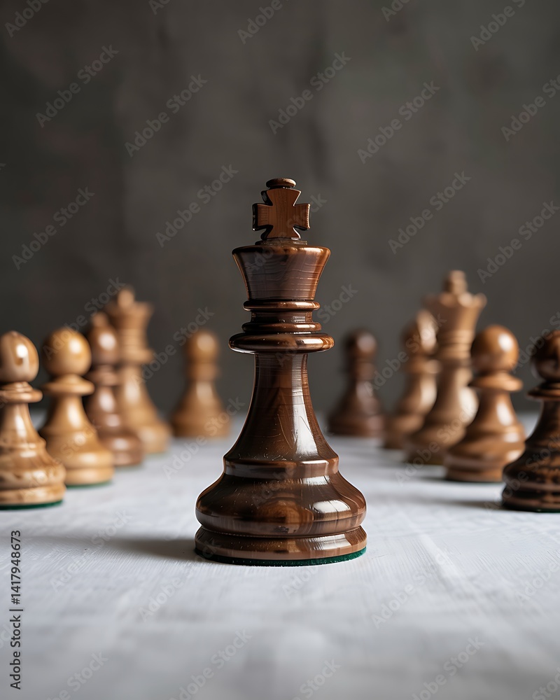 Black chess king standing ahead of white pawns on white background. Strategy and competition concept. Generative AI Black chess king standing ahead of white pawns on white background. Strategy and competition concept. Generative AI