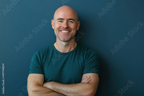 Man with bald hair, green shirt, holding coffee cup, standing beside large bookstore window with stack of books. Street scene with people passing by.
