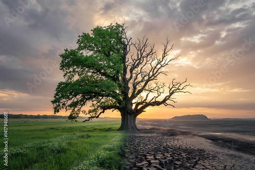 Half Living Half Dead Tree at Sunset Dramatic Landscape