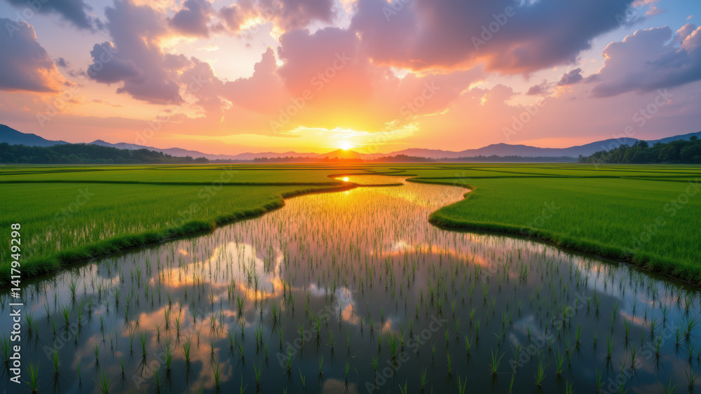 Stunning view of a rice paddy with reflection at sunset. Stunning view of a rice paddy with reflection at sunset.