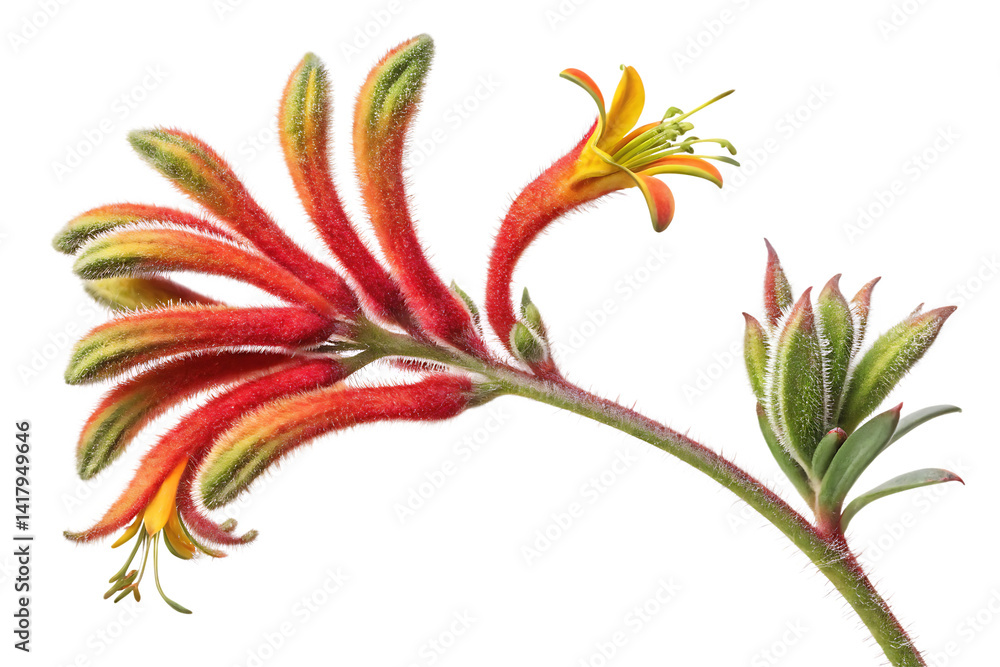 Fototapeta premium Kangaroo paw flower anigozanthos manglesii exotic Australian native plant blossom on White PNG