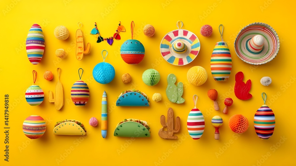 Obraz premium Vibrant traditional Mexican and party items like sombreros maracas tacos and piatas laid out on a bright yellow background for a festive Cinco de Mayo