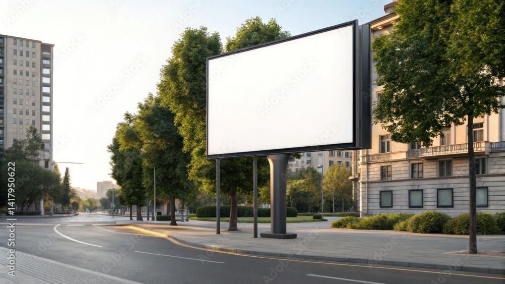 Blank urban billboard on city street surrounded by buildings and trees Blank urban billboard on city street surrounded by buildings and trees