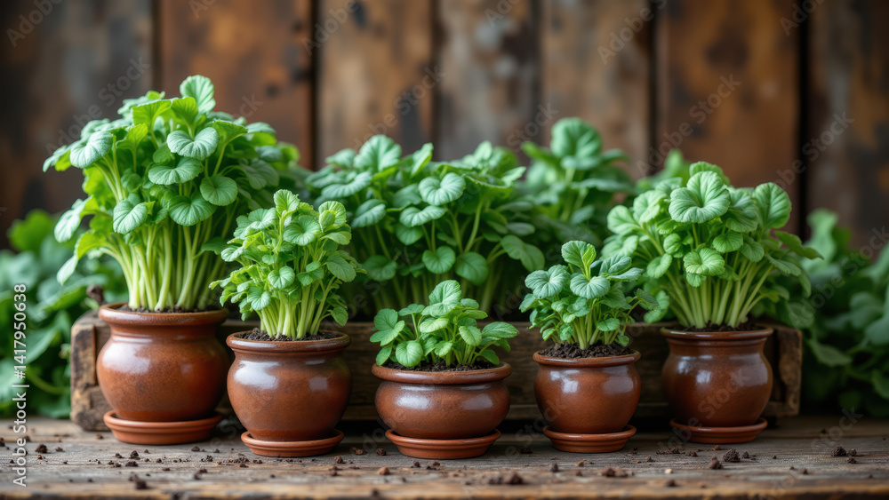 A collection of potted herbs on a wooden table, showcasing organic gardening practices. A collection of potted herbs on a wooden table, showcasing organic gardening practices.