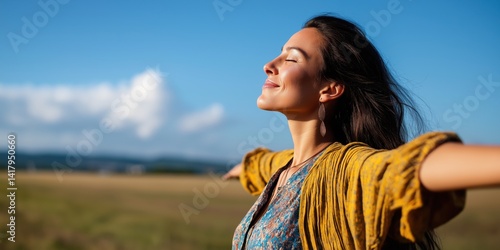 A joyful woman standing in an open field with her arms wide open, embodying freedom and a connection with nature's beauty, expressing pure happiness and contentment.