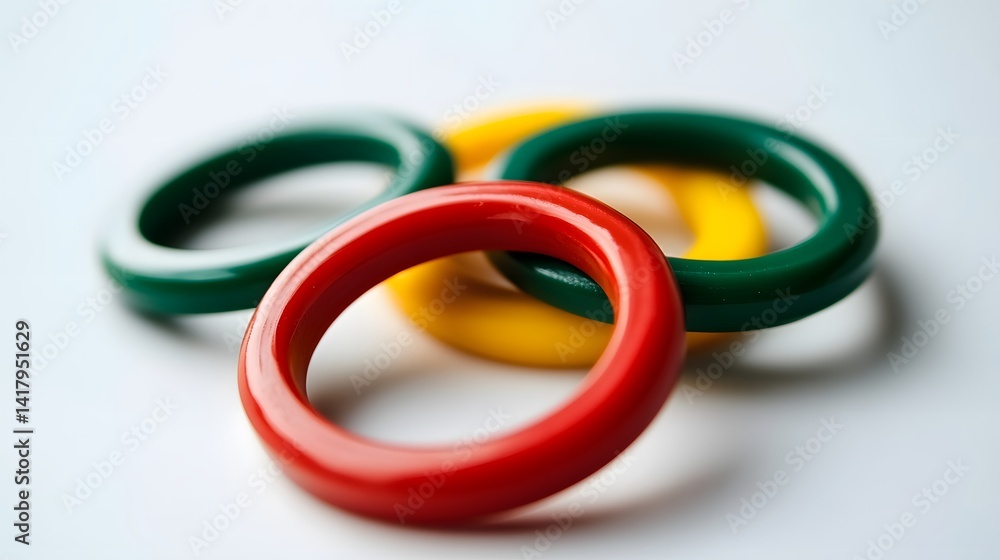 Fototapeta premium Close-up of three vibrant, interlocking plastic rings in red, green, and yellow. The rings are smooth and glossy, creating a colorful and playful image.
