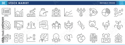 A set of line icons related to Stock market. Stock, share, bonus, invest, growth, gear, dividend, send, risk, allocate, and so on. Vector editable stroke.