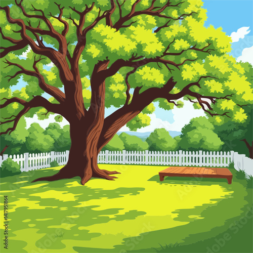 Sunny Backyard Scene with Lush Green Trees, Vibrant Grass, and a White Picket Fence