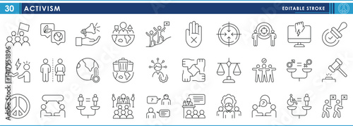 A set of line icons related to Activism. Activist, campaign, awareness, protest, equality, justice, conflict, responsibilities, and so on. Vector editable stroke.