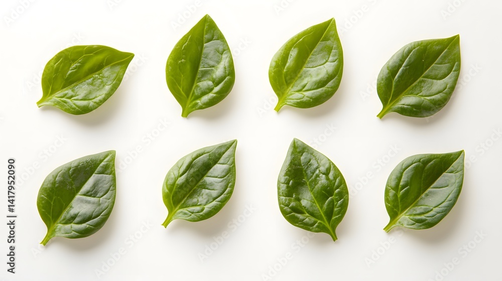 Eight vibrant green spinach leaves arranged symmetrically on a clean white background. A fresh, healthy, and visually appealing image, ideal for food, health, or nature themes. Eight vibrant green spinach leaves arranged symmetrically on a clean white background. A fresh, healthy, and visually appealing image, ideal for food, health, or nature themes.