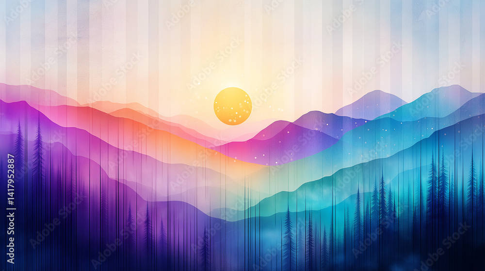 Abstract colorful landscape image with geometric shapes.