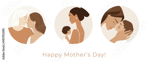 Happy Mothers Day Diverse Family Love Illustration in Modern Flat Style