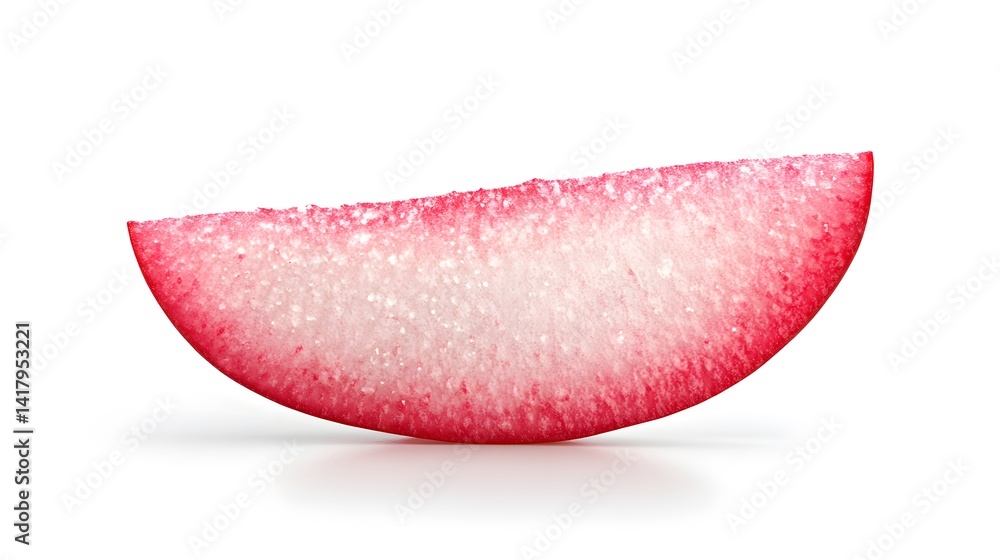 A single, thin slice of vibrant red radish, showcasing its crisp texture and juicy interior. Isolated on a pure white background. A single, thin slice of vibrant red radish, showcasing its crisp texture and juicy interior. Isolated on a pure white background.