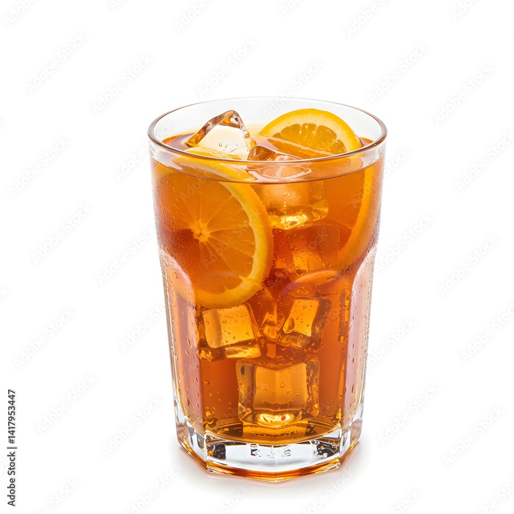 Refreshing Iced Tea with Orange Slices in a Glass. Iced tea drink with ice cubes and citrus fruit. Studio shot, Isolated. Refreshing Iced Tea with Orange Slices in a Glass. Iced tea drink with ice cubes and citrus fruit. Studio shot, Isolated.