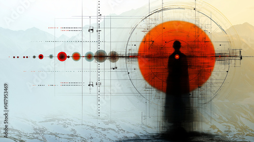 Abstract colorful landscape image with geometric shapes and a person.