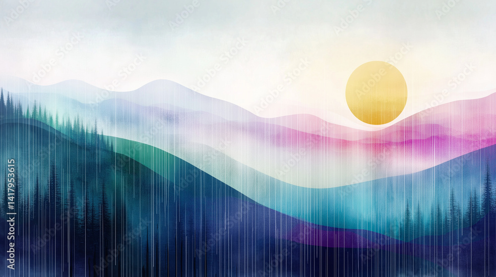 Abstract colorful landscape image with geometric shapes.