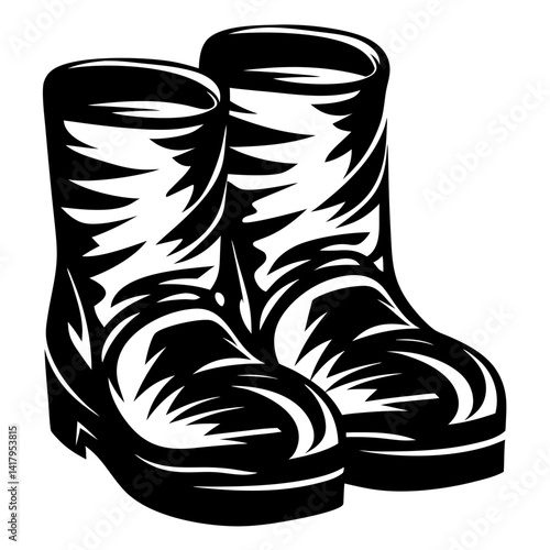 Black and white illustration of rubber boots with intricate design pattern