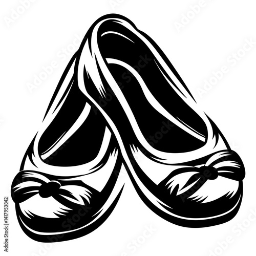 Elegant Black and White Illustration of Ballet Flats with Decorative Bows