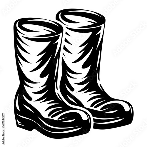 Black and white illustration of two rubber boots used for wet weather