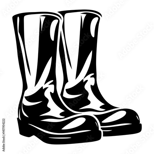 Monochrome vector illustration of a pair of high rubber boots, work boots
