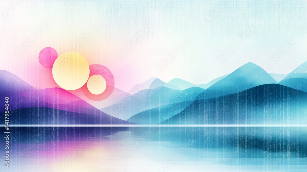 Abstract colorful landscape image with geometric shapes.