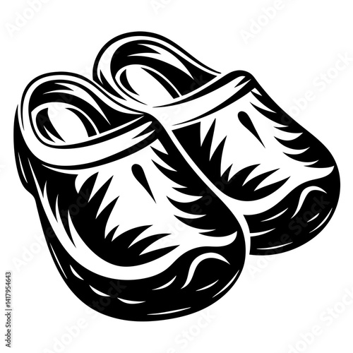 Stylized monochrome image of two garden clogs or mules with decorative elements