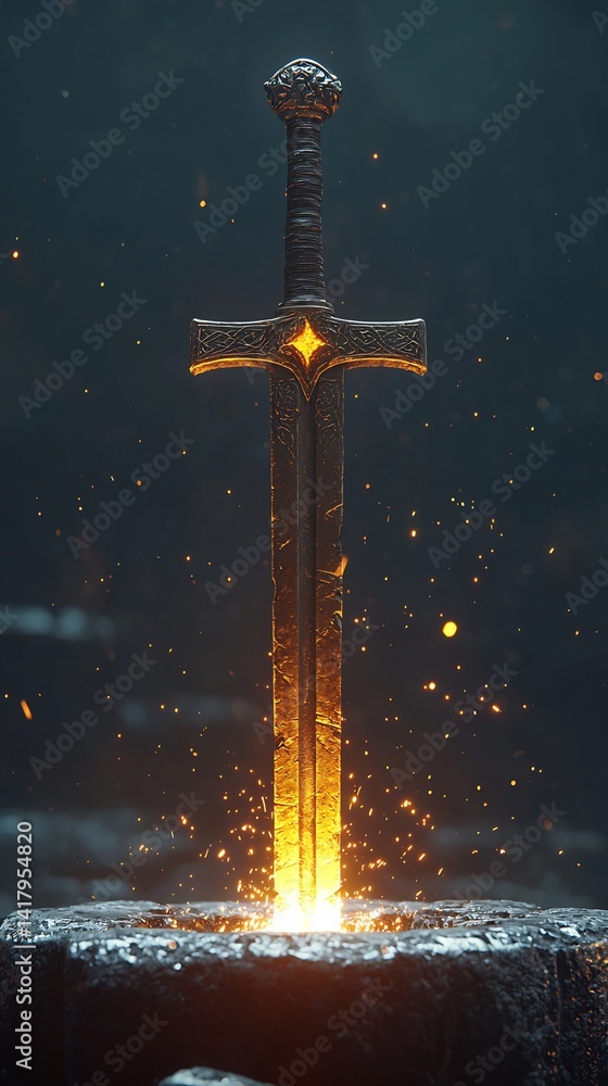 Fototapeta premium Dramatic illuminated sword standing atop a dark anvil with a mystic aura and sparks