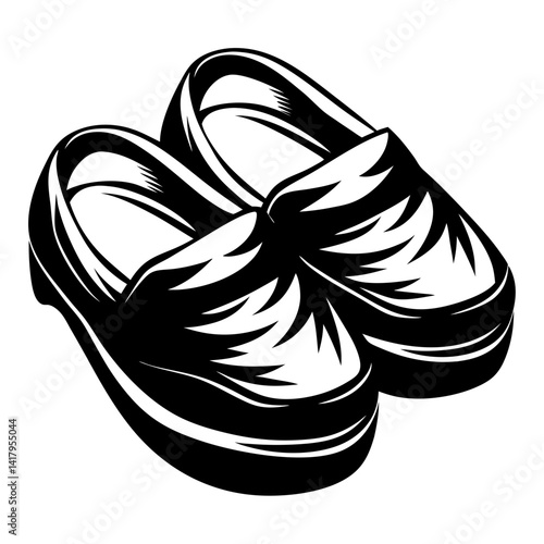 Pair of stylized black and white clogs or mules on white background