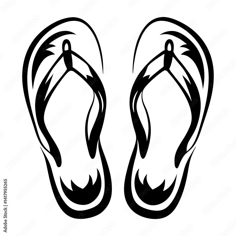 Graphic black and white rendition of a pair of flip flops sandals Graphic black and white rendition of a pair of flip flops sandals
