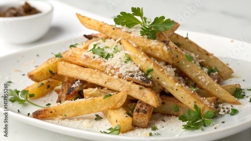 Wallpaper Mural A plate of golden-brown French fries topped with grated cheese and fresh parsley, ready to eat. Torontodigital.ca