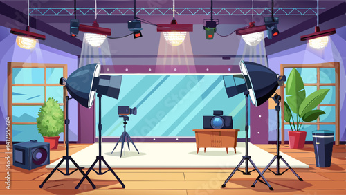 Empty professional photo studio with modern lighting equipment