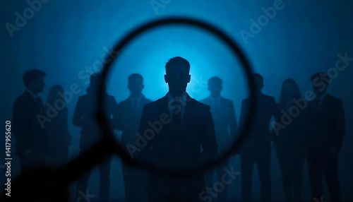 A magnifying glass focused on a silhouette of a person, with several other silhouettes in the background, all against a dark blue background, Concept of Human Resources, created with generative ai