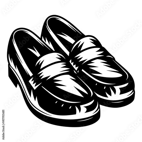 Stylized vector illustration of a pair of shiny black penny loafer shoes