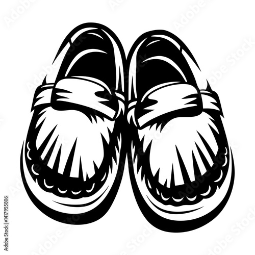 Black and white drawing of two baby moccasins or soft shoes together