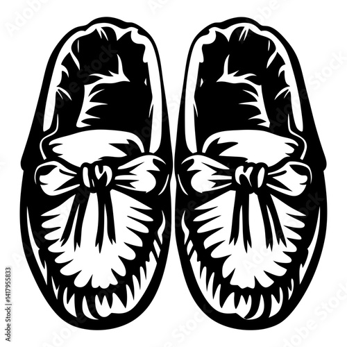 Black and white graphic of two infant moccasins with ribbon details
